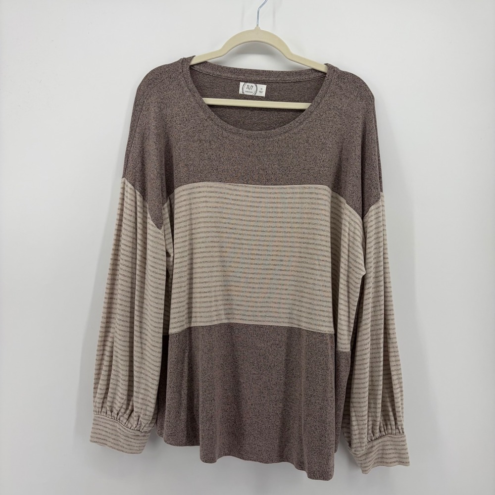 Maurices Womens 1X Brown Colorblock Striped Long Sleeve Relaxed Knit Top